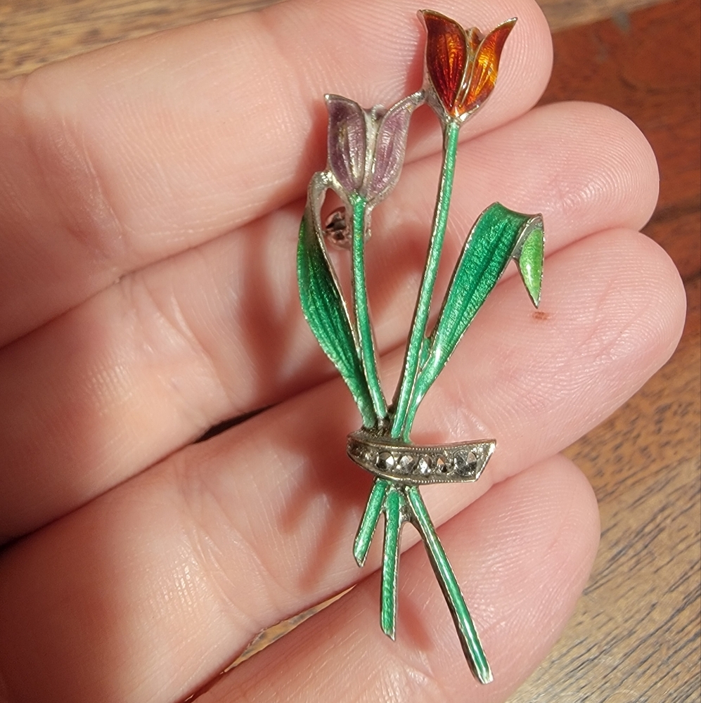 Art Deco Enamel and Marcasite Tulip Brooch 835 Silver Floral 2 inch
